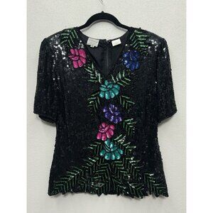 VTG Stenay Silk Beaded Sequin Embroidered Top Medium Floral Black Wedding Event